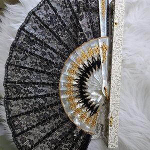 Elegant Black Lace Fan with Case.Gold Accents